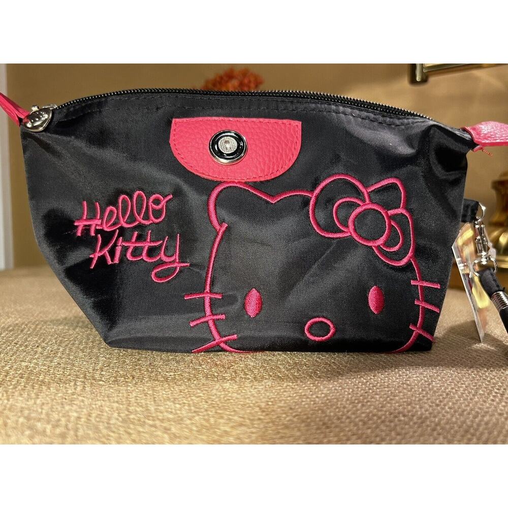 Hello Kitty (For Sale in Japan Only) Nylon Embroidered Black Wristlet Bag